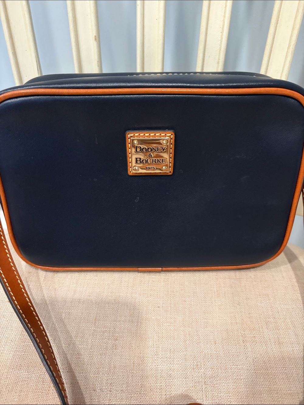 Dooney & Bourke Wexford Leather Demi Camera Zip Navy and Tan Leather Crossbody - Picture 2 of 7